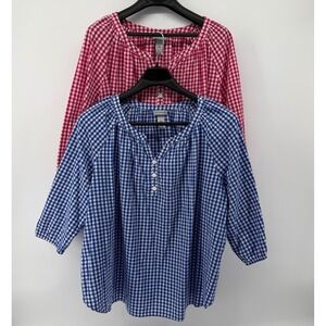 Catherines Blouse Womens 3X Red Blue Gingham Cotton Seersucker Peasant Top Set 2